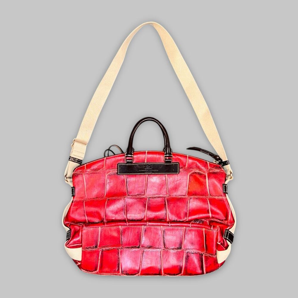 Vintage Dooney & Bourke Red Croc-Embossed Leather Satchel with Canvas Strap - Picture 2 of 6